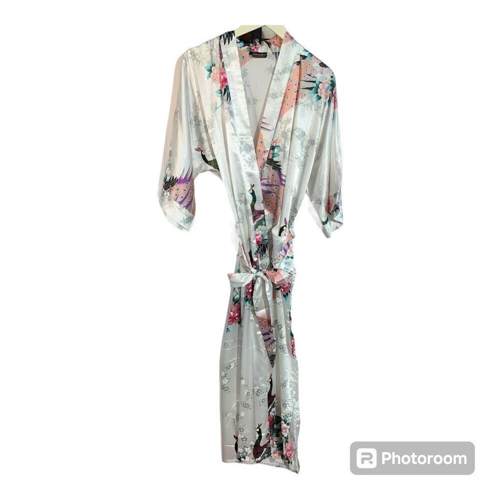 Old Shanghai Asian Belted Robe Women’s OSFM White Pink Peacock Design Kimono